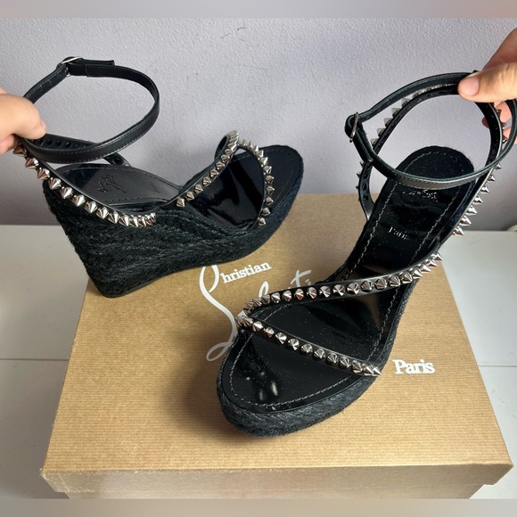 New! CHRISTIAN LOUBOUTIN MAFALDINA ZEPPA WEDGE SANDAL SPIKES BLACK LEATHER SZ 38 - Picture 12 of 15